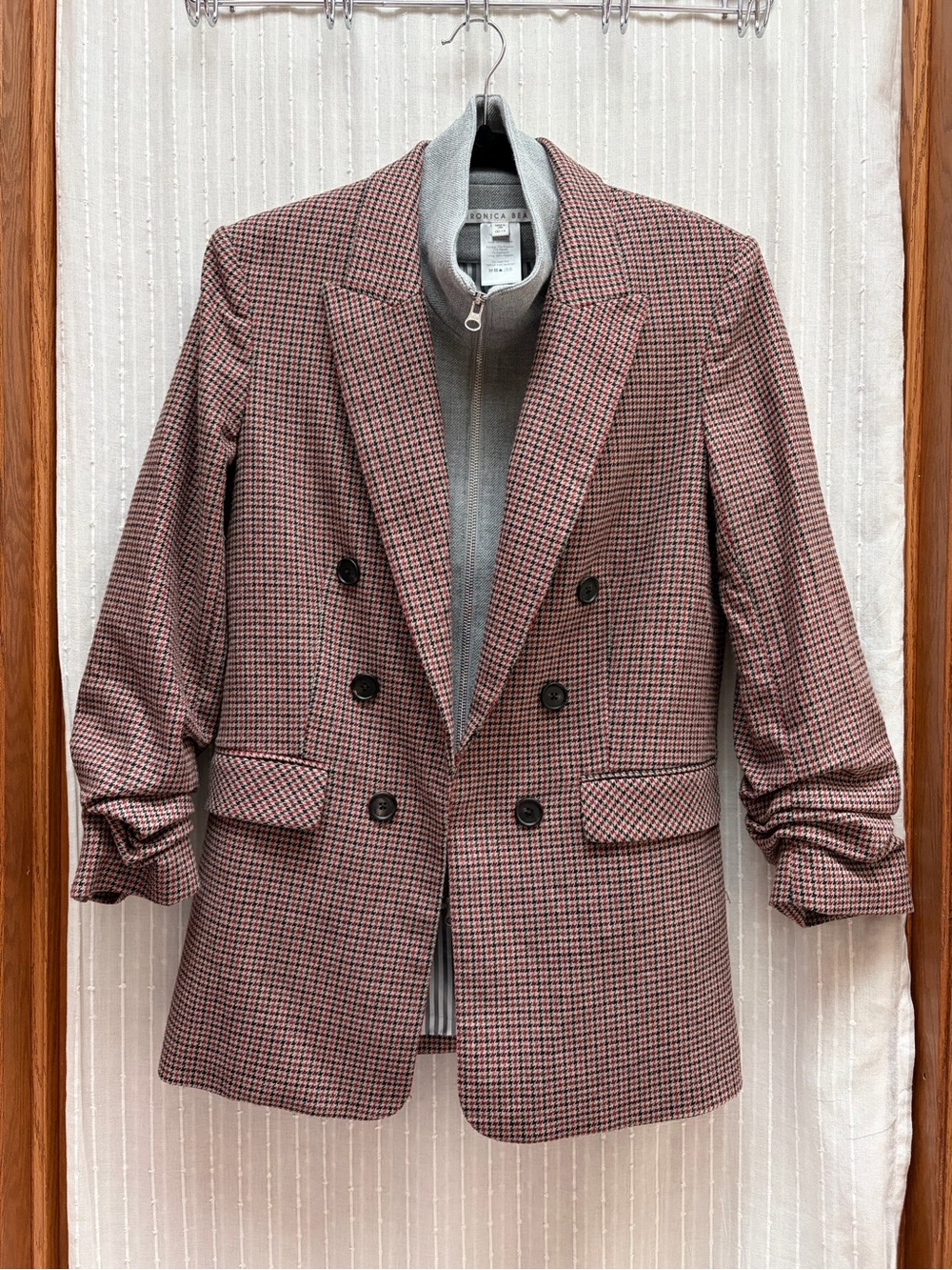 🔆Veronica Beard Houndstooth Glen Plaid Ruched Sleeve Blazer Jacket Sz 8